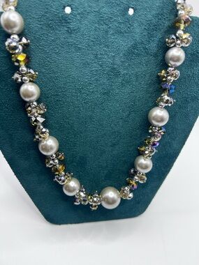Faux Pearl & Crystal Cluster Necklace in Champagne and Silver has Magnetic Clasp
